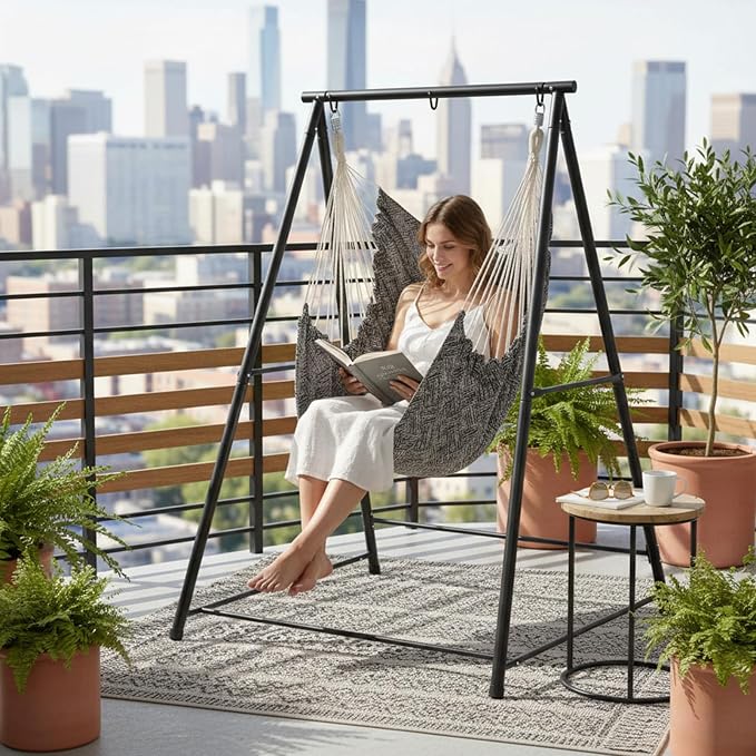 Hammock Chair Stand with Swing Chair, Heavy Duty Freestanding Hanging Chairs with Stand, Outdoor Hammocks Bed for Outside Backyard, Camping, Garden, Yard, Patio, 660 lbs Weight Capacity (Black)