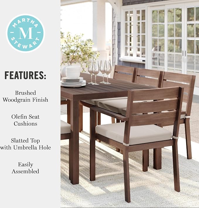 Martha Stewart Bedford 71" Indoor-Outdoor Aluminum Patio Table with Umbrella Hole and Brushed Woodgrain Finish in Brown