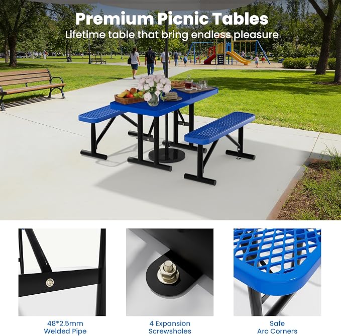 4FT Outdoor Metal Picnic Table with 2 Benches,Heavy Duty Rectangular Picnic Table Set for Outside, Waterproof Commercial Restaurant Table Furniture for Park, Campfield, Patio, Garden, Yard