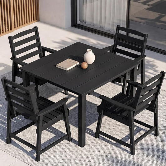 HDPE Outdoor Dining Set for 4, Armchairs, Black | All-Weather HDPE, Wood Grain Finish, 42.5" Square Table, Built-In Umbrella Hole, Seats 4, Patio & Poolside Ready