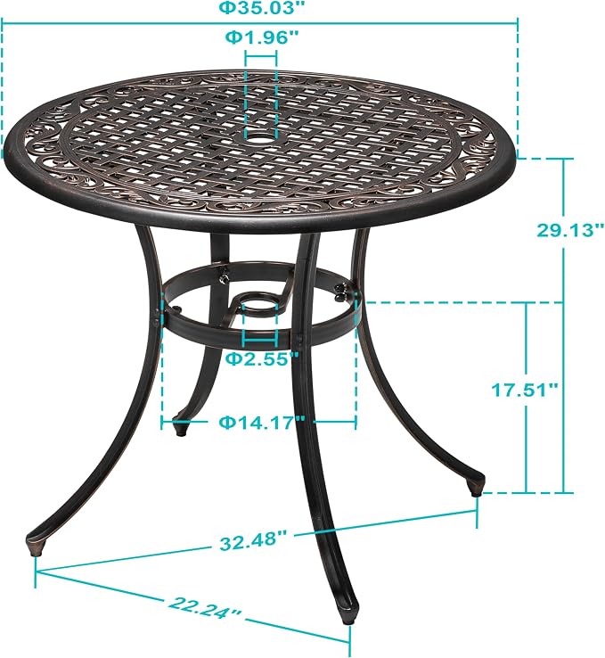 NUU GARDEN 35" Round Patio Bistro Table, Cast Aluminum Round Outdoor Bistro Table with Umbrella Hole for Poolside, Deck, Porch, Backyard, Balcony, Black with Antique Bronze Edge