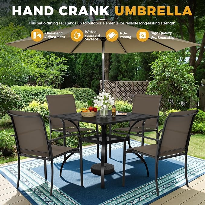 Incbruce 6-Piece Patio Furniture Set with Brown Umbrella, Patio Table and Chairs Set of 4 Textilene Chairs and Square Table with Umbrella Hole for Garden, Deck and Backyard (Brown)