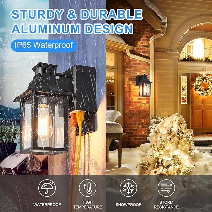 Porch Lights with GFCI Outlet,Dusk to Dawn Motion Sensor Outdoor Lights | 3 Light Modes Front Door Exterior Light Fixture Waterproof Outside Wall Light for House,Patio,Garage,Black,Bulb not Included