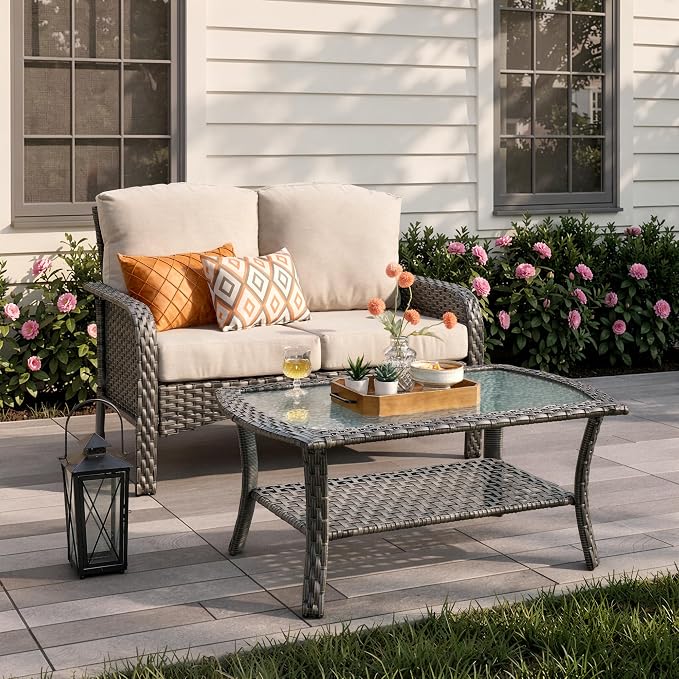 2-Piece Patio Furniture Set, Outdoor Wicker Furniture with Coffee Table, All Weather High Back Loveseat Patio Chairs, Modern Rattan Outdoor Chairs Conversation Set for Porch, Balcony, Garden,Beige
