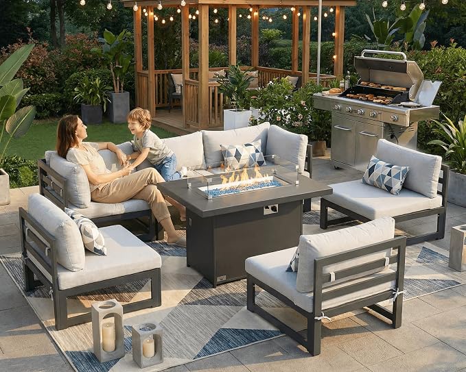 BULEXYARD 6 Seat Large Luxury Aluminum Patio Conversation Set with Fire Pit Table Propane/Gas, 29 inch Deep Wide Sectional Couch, 500 lbs Heavy Duty All Weather Outdoor Sofa for Backyard, Light Gray