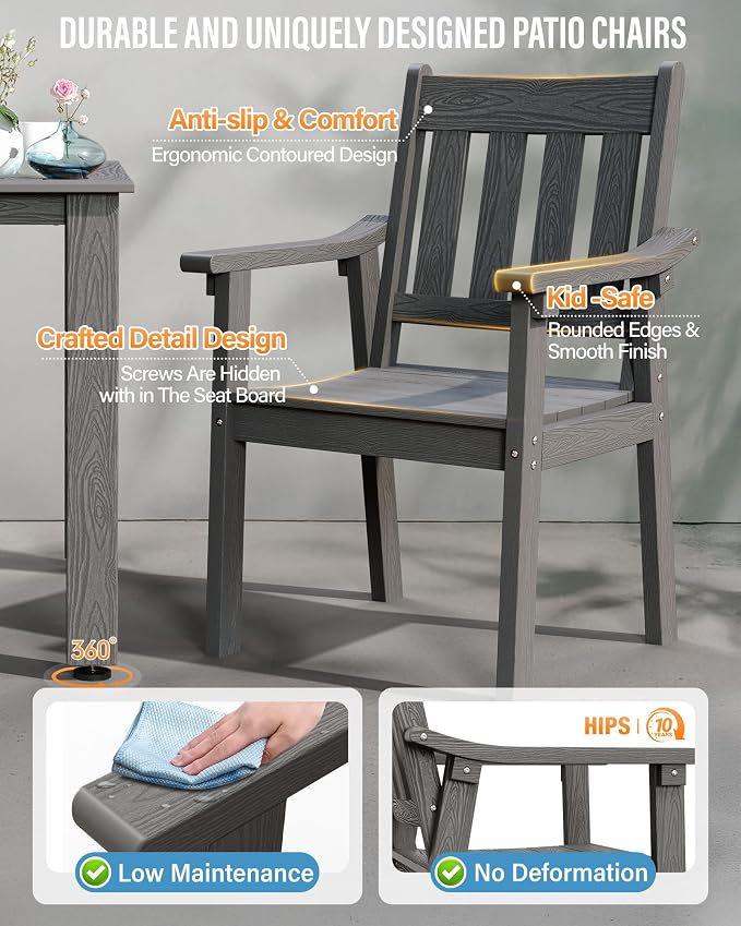 YEFU HIPS Patio Table Set: 7 Piece Patio Table and Chairs Outdoor Furniture Set with Umbrella Hole - Gray Modern Plastic Dining Sets 6 Person for Outside Deck with Metal Aluminum Frame