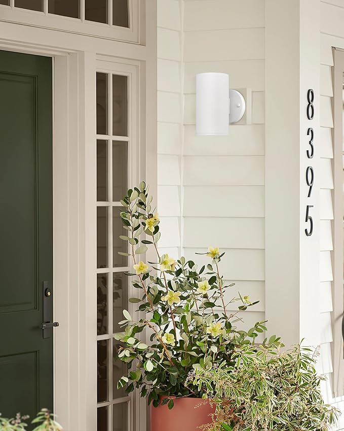 Ken & Ricky Modern Aluminum Outdoor Wall Sconce Lights,Cylinder，White,2 PK | Downward Outside Wall Light With Glass Cover,No Glare Exterior Lighting Fixtures,For House Front Porch Garage Patio Entryway