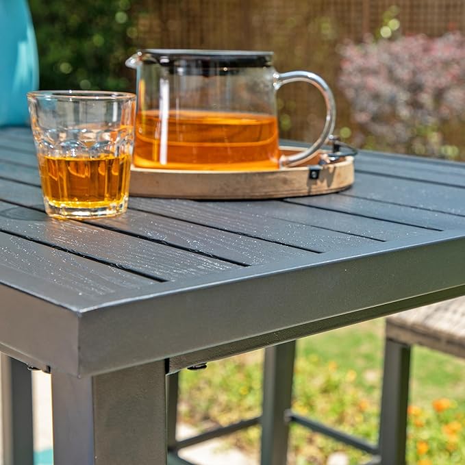 Sophia & William 37" Tall Patio Outdoor Bar Table, Metal Counter Height Dining Table with Wood Grain Tabletop, Adjustable Feet Mats, Rectangular Bistro Table with E-Coating for Porch Yard Lawn