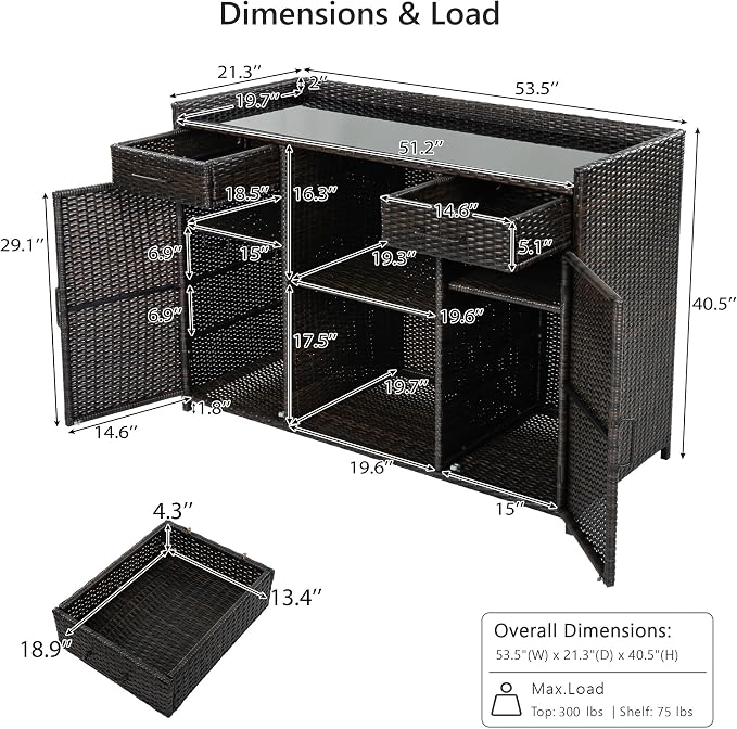 RUNNA 53.5" W Outdoor Wicker Storage Cabinet with Fridge Space,Weatherproof Outdoor Mini Fridge Bar Cabinet with Adjustable Shelves & Drawers for Pool Towel Storage,Garden,Kitchen (Black+Brown#64)