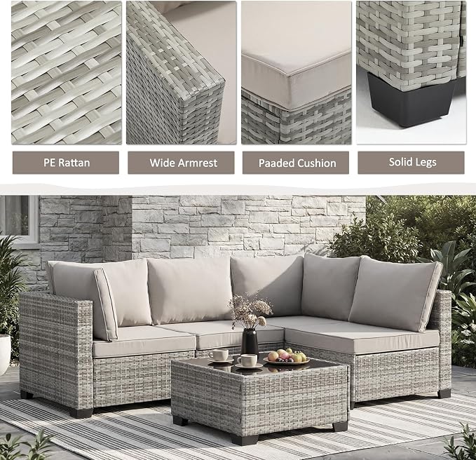 ANJ 3 Piece Outdoor Wicker Patio Furniture Set, Modular Loveseat Sofa with with Glass Top Coffee Table, All-Weather Rattan Conversation Couch Set for Balcony, Backyard, Light Grey Wicker-Grey
