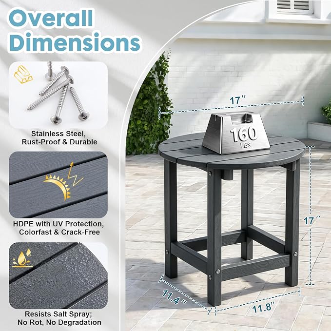 Outdoor Side Table, Adirondack Round 17" Patio Table, Easy Maintenance & Weather Resistant, HDPE End Table for Backyard, Pool, Patio, Porch, Gray
