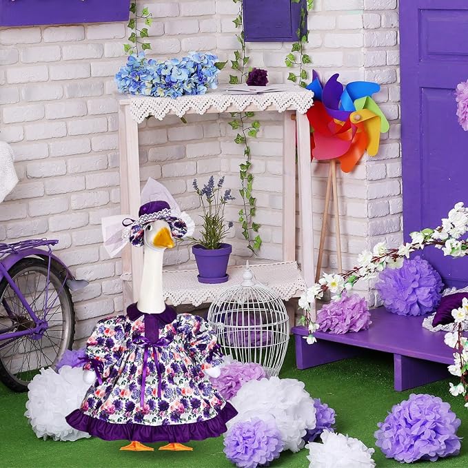 Spring Flower Goose Outfit Daisy Rose Floral Dress for 23'' Cement Plastic Goose Statue for Valentines Day Summer Outdoor Garden Yard Patio Lawn Decor (Purple Flower)