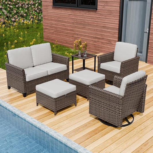 COOS BAY Harbor Retreat 6 Piece Outdoor Furniture Set, Patio Conversation Set with Swivel Rocking Chairs, 2 Seat Loveseat, Side Table and Ottomans, Wicker Furniture, Brown/Beige