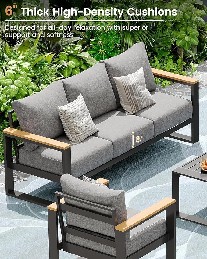 Aluminum Patio Furniture Set, 4 Piece Metal Outdoor Furniture Set with 6″ Thick Washable Cushions & Coffee Table, All Weather Patio Conversation Sets for Yard, Poolside, Garden (Grey)