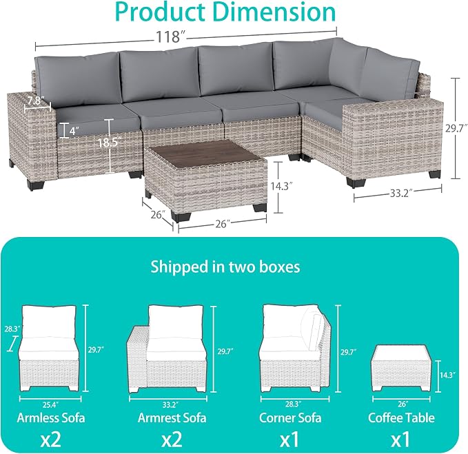 6-Piece Outdoor Patio Furniture Set Wicker Sectional Sofa Set, Patio Conversation Set with Thickened Cushions & Chunky Arms Coffee Table for Garden, Backyard, Poolside, Grey