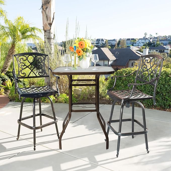 Bonnlo Patio Bar Table with Umbrella Hole, Metal Outdoor Pub Table, High Top Bistro Table for Deck