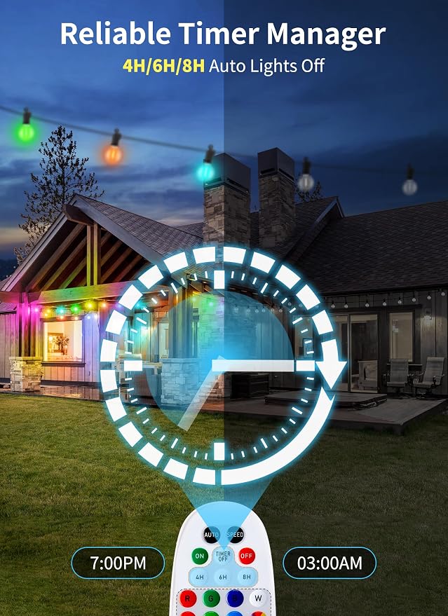 Brightown Outdoor String Lights 29 Feet G40 LED Patio Lights, RGB, Remote | 12 Plastic Edison Bulbs, Timer, Waterproof Connectable Outside Light for Backyard Porch Balcony Party Christmas Decoration