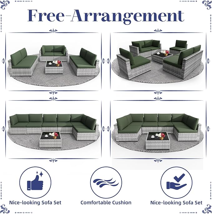 KIGOTY Patio Furniture Set,7 Pieces Modular Outdoor Sectional Sofa, PE Rattan Patio Conversation Set, All Weather Wicker Patio Furniture with Cushions and Coffee Table（Grey White/Green）