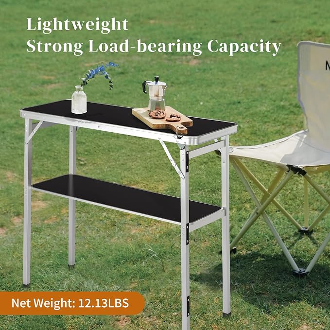 Portable Outdoor Bar Table - Folding Camping Table 2-Tier Shelves with Carrying Case, Storage Shelf & Black Skirt, Tradeshow Podium Table for Events, Camping, Party, Picnic, Exhibition - Black