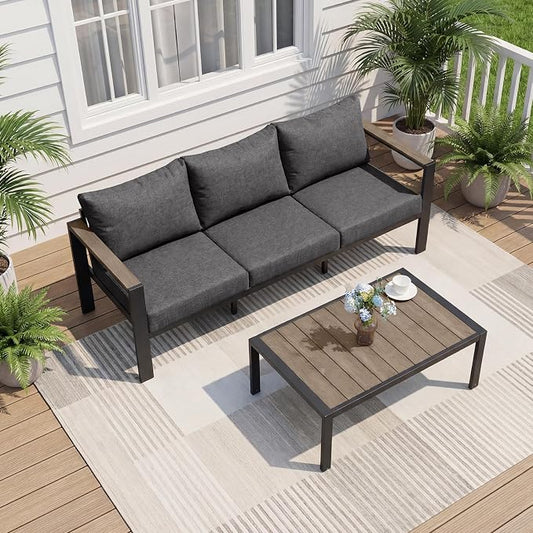 Outdoor Patio Furniture Set 3 Seats Sofa and Coffee Table with Washable Thick Cushions, All-Weather Luxury Aluminum Modern Outside Sectional Set for Porch, Balcony, Deck, Yard, Dark Gray