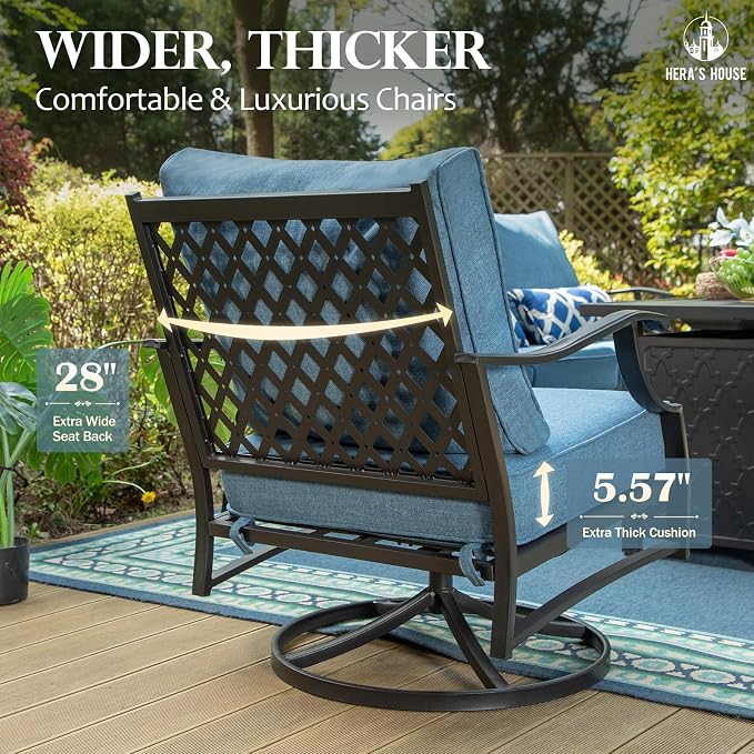 HERA'S HOUSE 6 Piece Patio Furniture Set, 2 x Swivel Cushioned Chair, 2 x Cushioned Ottoman, 1 x 3-Seat Sofa with Marbling Coffee Table, Outdoor Conversation Set for Lawn Garden Backyard, Navy Blue