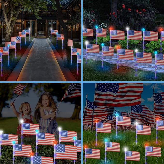 4th of July Decorations Outdoor American Flag Lights, 6-Pack Red White and Blue Solar Stars Lights with 6 USA Flags & 30LED,Bright Patriotic Pathway Lights for Memorial Day Yard Lawn Decor