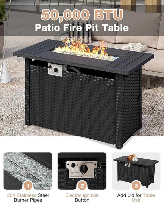 Aoxun Aluminum Patio Furniture Set with Fire Pit Table, 5 Seats Luxury Outdoor Sectional with 6" Olefin Fabric Cushions, Patio Conversation Sets with Coffee Table for Backyard, Deck Beige