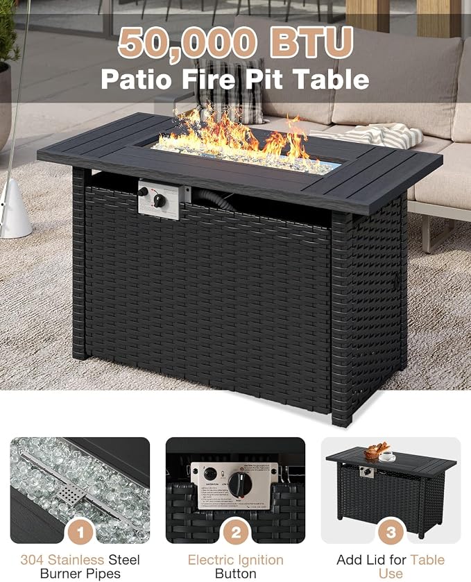 Aoxun Aluminum Patio Furniture Set with Fire Pit Table, 5 Piece Luxury Outdoor Sectional with 6" Olefin Fabric Cushions, Patio Conversation Sets with Waterproof Cover for Backyard, Porch Beige