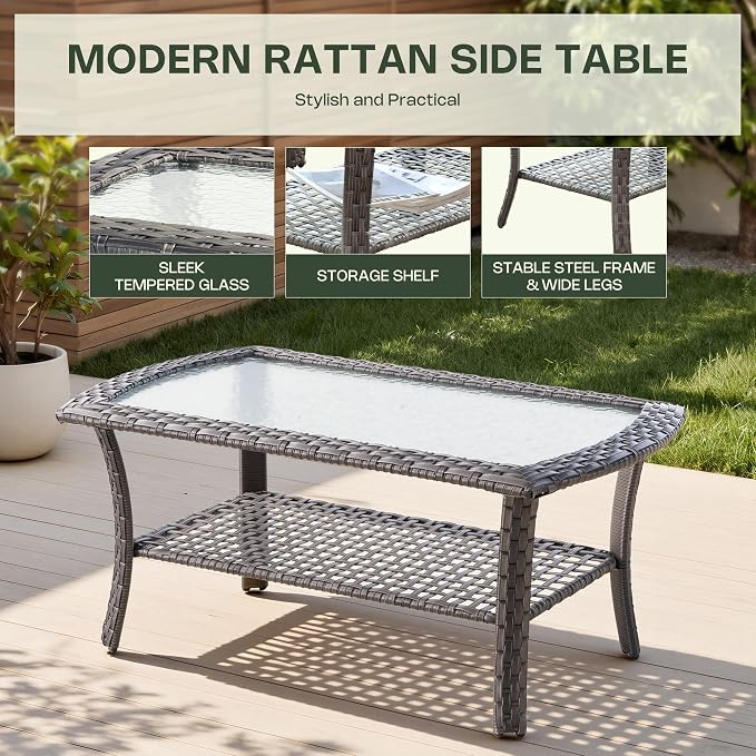 6-Piece Patio Furniture Set, Outdoor Wicker Furniture with Coffee Table, All Weather High Back Loveseat Patio Chairs, Modern Rattan Outdoor Chairs Conversation Set for Porch, Balcony, Garden,Dark Gray