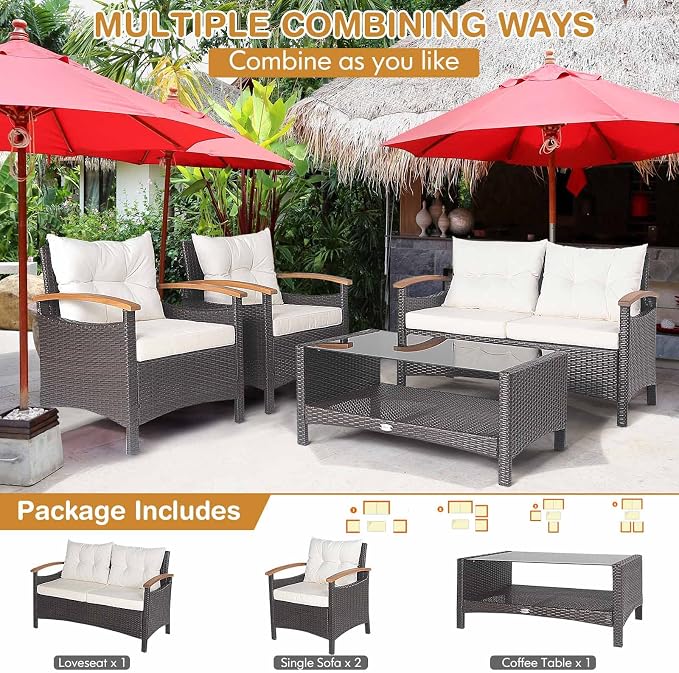 Tangkula 4 Piece Patio Rattan Conversation Set, Outdoor Wicker Sofa Set W/2-Layer Coffee Table, Backrest & Seat Cushions, Acacia Wood Curved Armrests, Suitable for Poolside, Backyard, Deck (1, White)