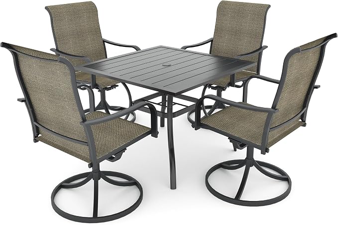 Anmutig 5-Piece Outdoor Dining Set, 35" Square Table with 4 Swivel Chairs, All Weather Frame Furniture Set, Tan Brown