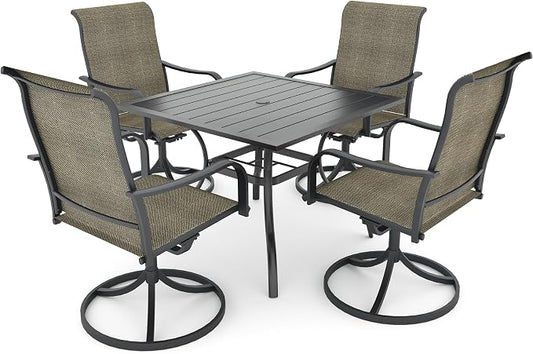 Anmutig 5-Piece Outdoor Dining Set, 35" Square Table with 4 Swivel Chairs, All Weather Frame Furniture Set, Tan Brown