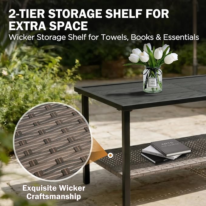EAGLE PEAK Mojave Dusk Patio Coffee Table with Wood Grain Top and Wicker Shelf, Durable Weather-Resistant Outdoor Table for Deck, Porch, or Garden, Large