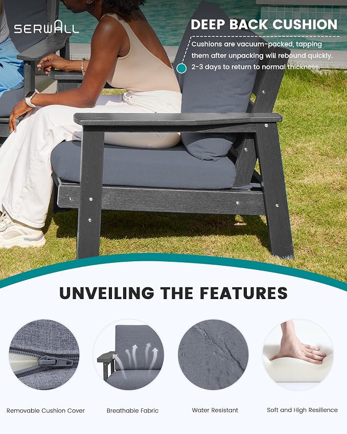 SERWALL HDPE Outdoor Furniture Set 4, All Weather Wood-Like Outdoor Sofa Sectional Couch, Grey Patio Furniture Set with Grey Cushions