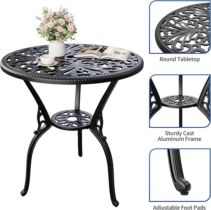 23" Round Cast Aluminum Patio Bistro Table, Outdoor Coffee Bistro Side Table with Umbrella Hole, Antique Design Dining Desk for Backyard, Garden, Porch, Pool, Balcony, Black