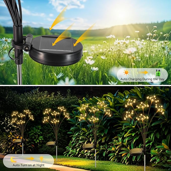 Solar Garden Lights 6 Pack Waterproof Solar Swaying Starburst Light Outdoor Lights for Yard Patio Walkway Pathway Party Wedding Christmas Decorative, Warm White