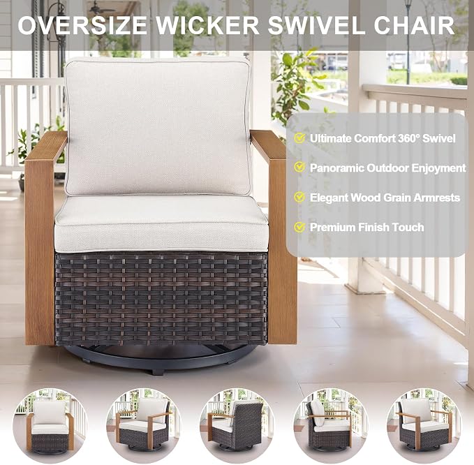 Belord 6 Piece Outdoor Patio Furniture Set with Propane Fire Pit Table, Wicker Patio Conversation Set with 2 Swivel Rocker Chairs Rattan Sofa and Removable 4" Thick Cushions for Deck Backyard