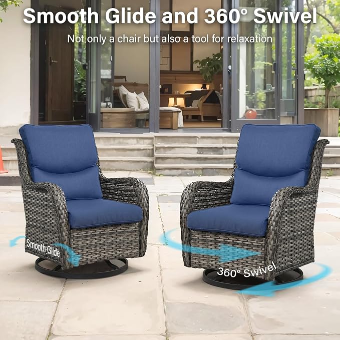 Outdoor Swivel Rocker Patio Chairs Set of 4 with Fire Table - 5" Thick Cushion 6 Piece Furniture Set with Fire Pit Table All Weather Wicker Conversation Set for Porch Deck - Gray/Blue