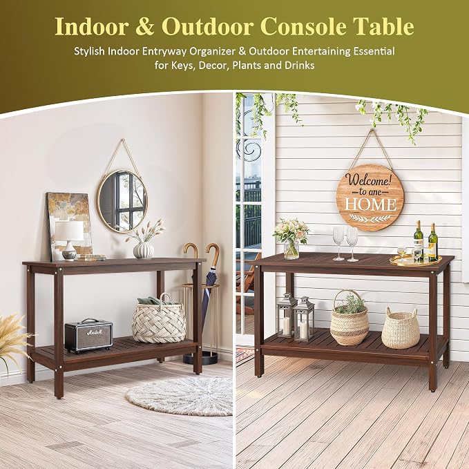 ZenStyle Solid Wood 48in 2-Shelf Console Table, Indoor Outdoor Accent Plant Table Storage Organizer w/Foot Sliders for Patio, Deck, Porch, Garden (Espresso)