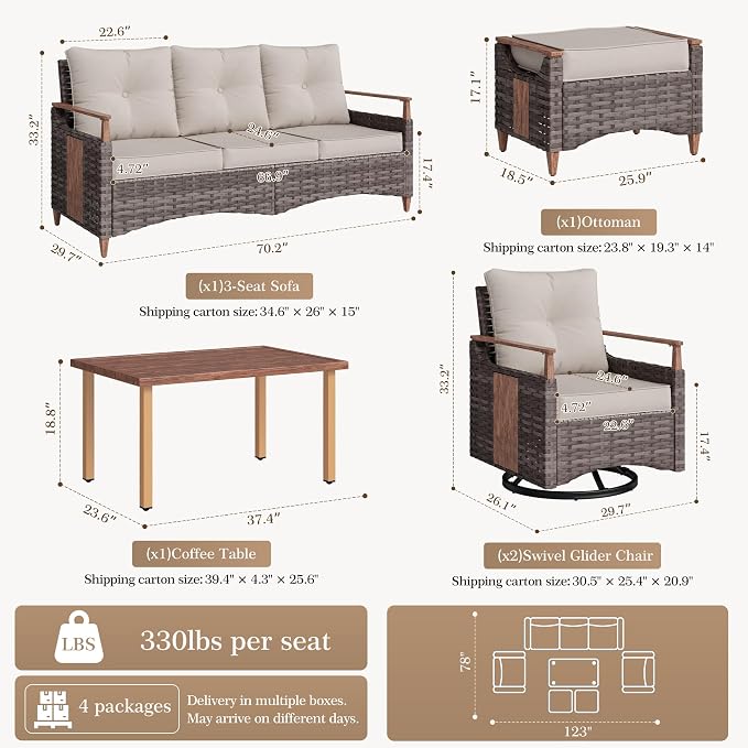 Nestnook 6 Pieces Patio Furniture Set, Outdoor All-Weather Handwoven PE Wicker Swivel Chairs, Conversation Set with Coffee Table, Sofa with Thick Cushion & Ottoman for Backyard, Deck & Poolside, Beige
