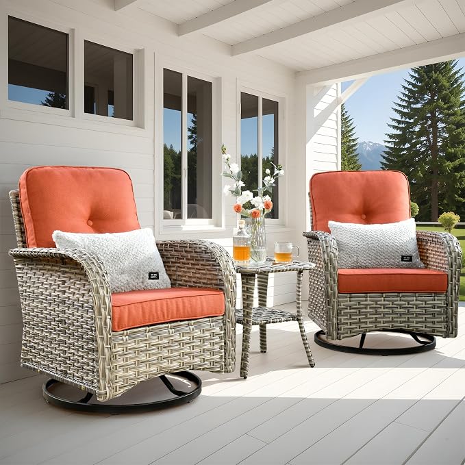 Outdoor Swivel Rocker Patio Chairs,Wicker Glider Swivel Rocking Chair Set of 2,Patio Rocking Swivel Chair Set with Rattan Side Table,Bold Red