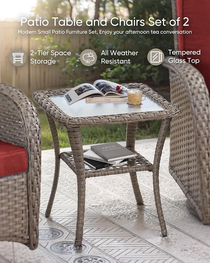 HUMMUH 7 Pieces Outdoor Furniture Set-All Weather Wicker Rattan Couch with Outdoor Rocking Chair Patio Furniture for Deck Lawn Porch Balcony Poolside-Grey/Red