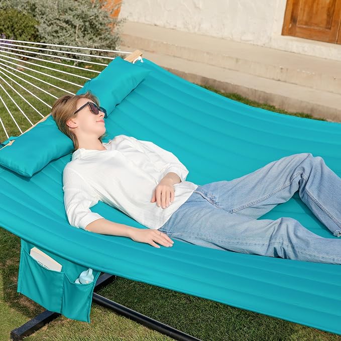 GAFETE 2 Person Hammock with Stand for Outside, Heavy Duty Steel Stand, Double 55inch Hammocks, Large Removable Pillow, Storage Bags, Max 475 lbs Capacity (Lake Aqua)