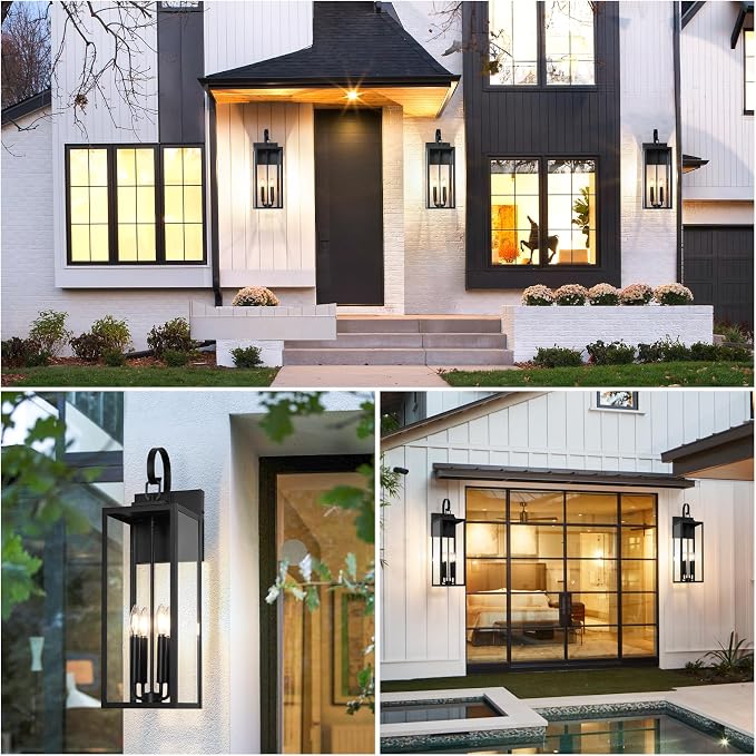 BesLowe 25" Extra Large Outdoor Wall Light, 4-Light Black Exterior Sconce | Waterproof, Rust-Resistant, Durable Metal with Clear Glass, Standard E12 Socket, Easy to Install