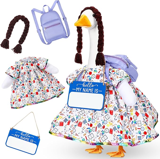 Mindsoft Back to School Porch Goose Outfit Teacher Goose Clothes Costume Statues Decor for 23" School Classroom Lawn Garden Patio Outdoor Statues(Wooden Sign Styles)