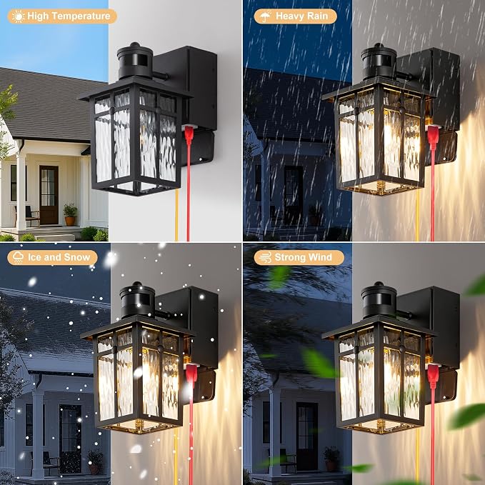 Porch Light with GFCI Outlet with Remote,Dusk to Dawn Motion Sensor Outdoor Light,Upgraded 4 Lighting Modes Black Front Door Light,Waterproof Outside Lights for House Patio Garage Entryway, 1 Pack