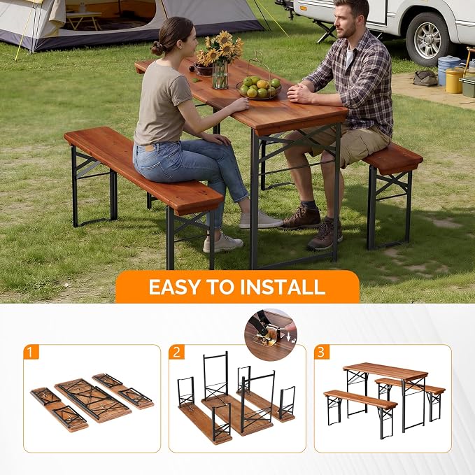 VINGLI 45 Inch Folding Picnic Tables with Benches Set, Weather-Resistant Wooden Beer Garden Table Bench, 3-Piece Portable Fold Up Camping BBQ Table,Walnut Color