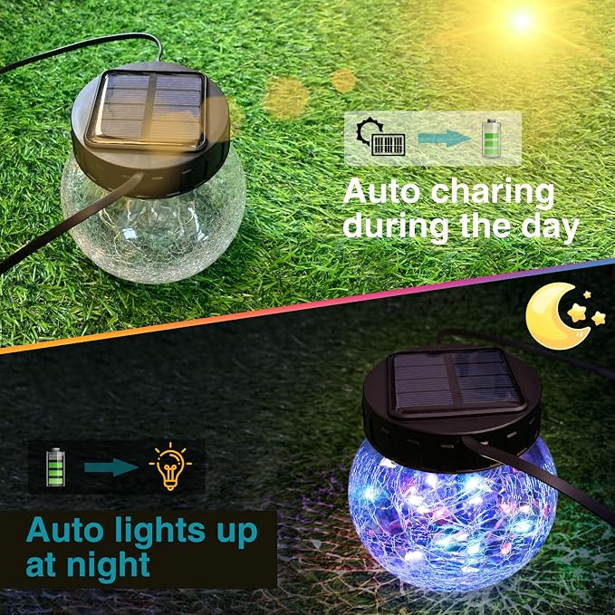 kolpop 6 Pack Solar Lantern Outdoor Lights, Multi-Coloured Solars Lanterns with 30 LED, Crackle Glass Ball Waterproof Hanging Solar Lights for Garden Decor Patio Fence Yard Christmas Tree Decoration