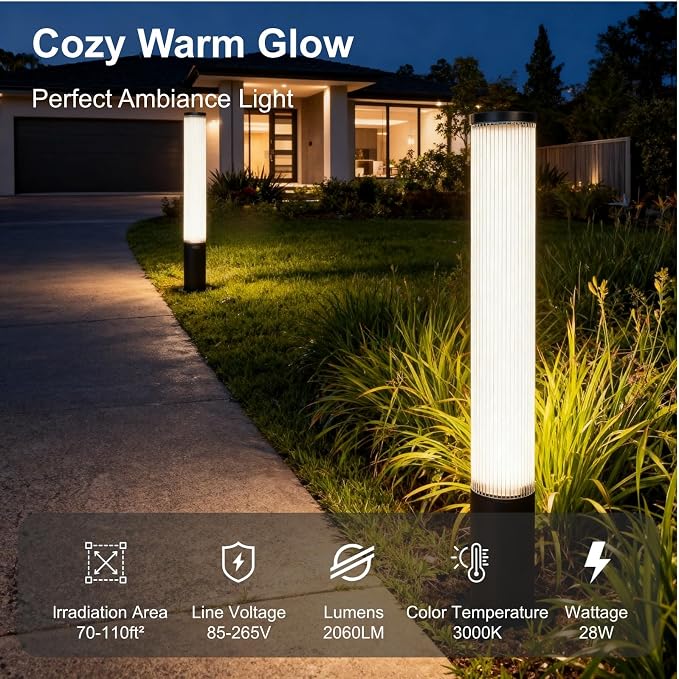 SkyGlow 32" Bollard Light, 120V/12V Aluminum LED IP65 Waterproof Outdoor Modern Landscape Path Lights Hardwired Curb Appeal for Garden Lawn Patio Courtyard Driveway Pathway Lighting