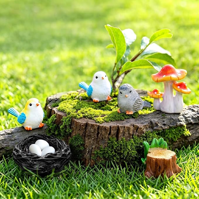 Fairy Garden Accessories, 7 Pieces Birds Resin Figures with Bird's Nest Mushroom, Handmade Miniature Decor, Garden Miniatures Home Outdoor Decors, Perfect DIY Gift